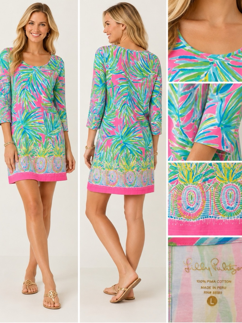 Lilly Pulitzer Sophie Shift Dress Pineapple Party Pink & Green Large
